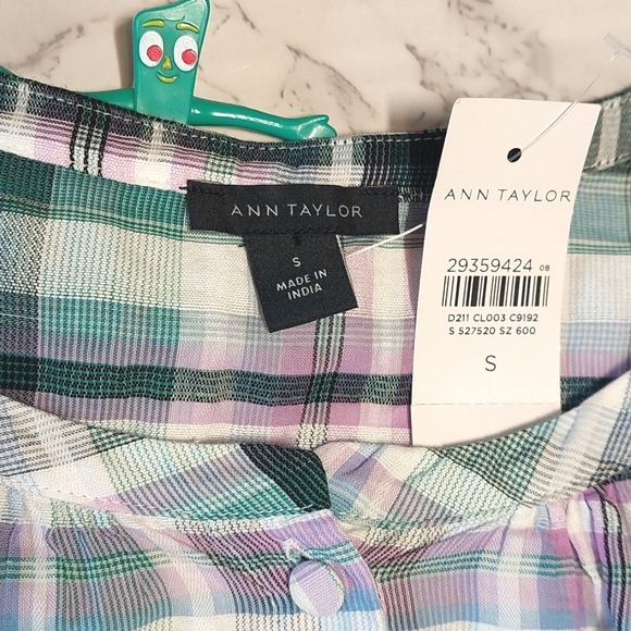 NWT Ann Taylor cotton plaid ruffle sleeve top, size S - Picture 6 of 9